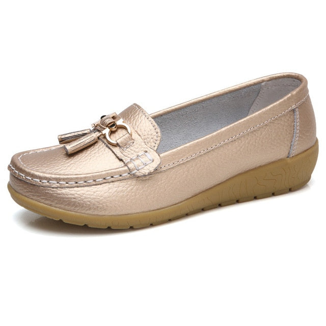 Mocassini Donna Estivi in Vera Pelle con Punta Tonda Slip-On