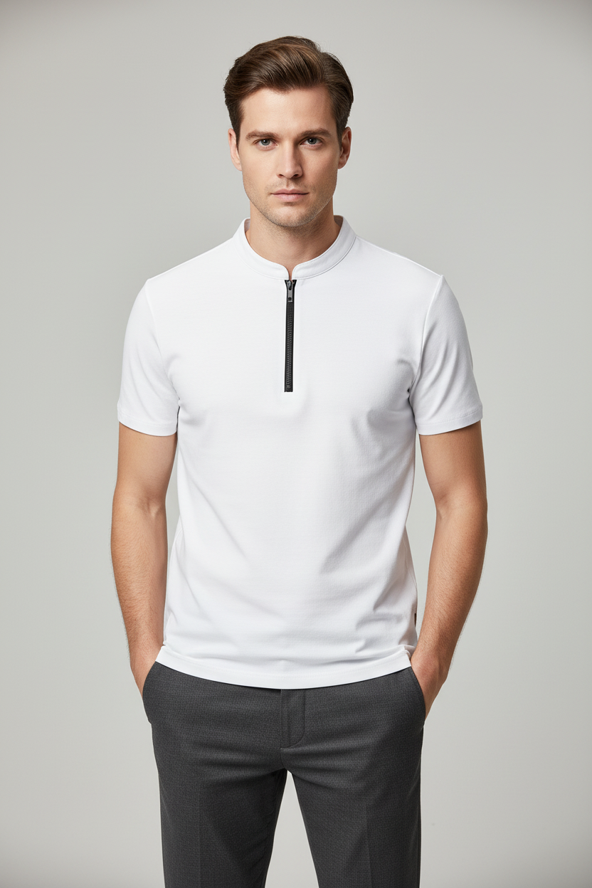 Polo Uomo Tinta Unita con Cerniera Zip Casual Elegante