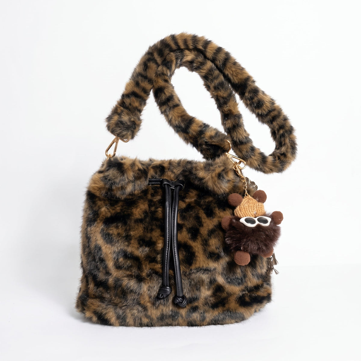 Maura borsa pelosa maculata a secchiello con tracolla pelosa