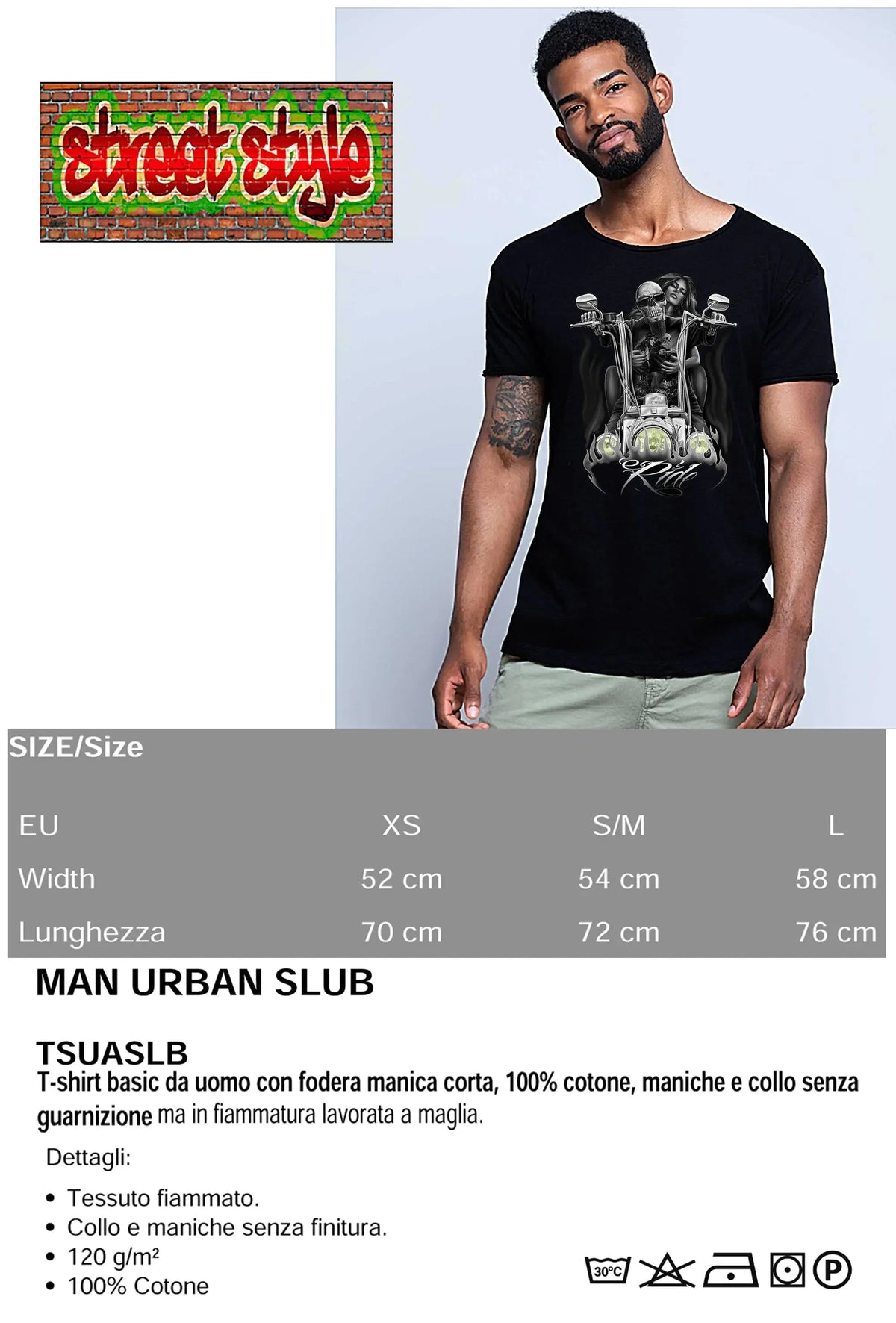 Ride Fire Tattoo Skull - T-shirt Uomo Cotone Fiammato