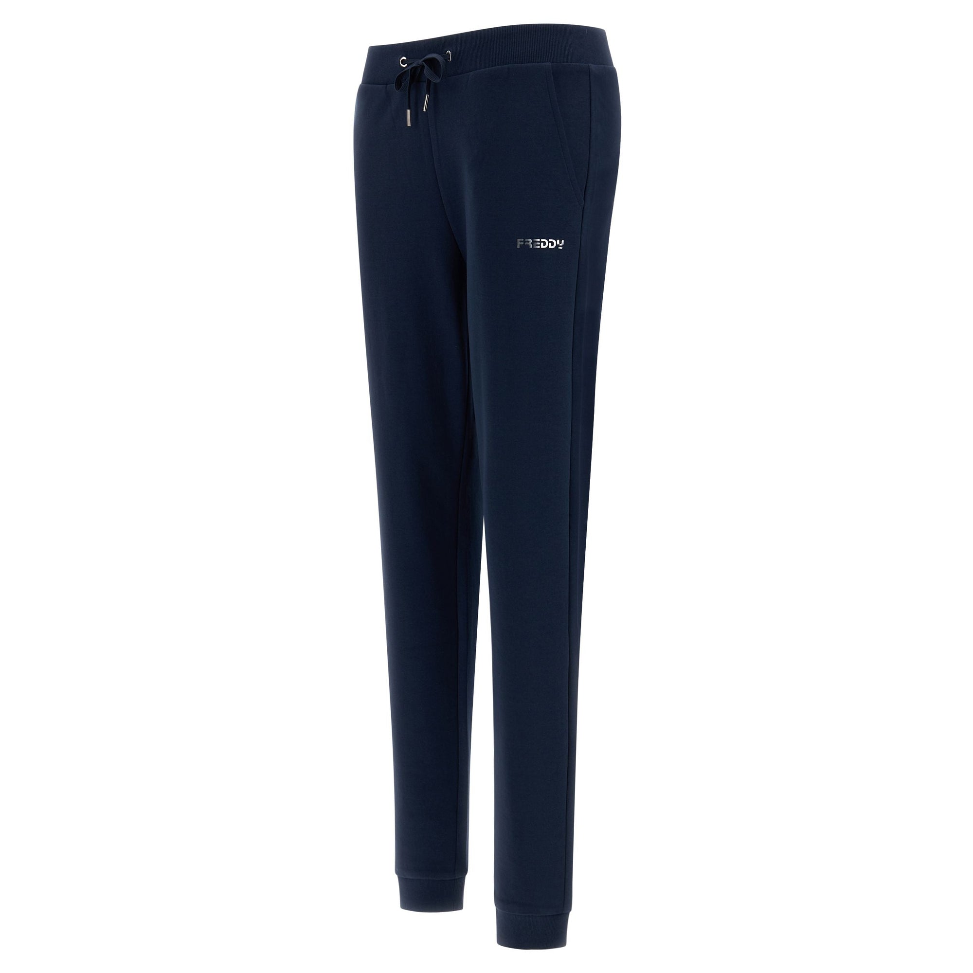 Freddy pantalone sportivo in interlock  con stampa in argento e fondo con polsino S3WBCP8 B94 blu navy