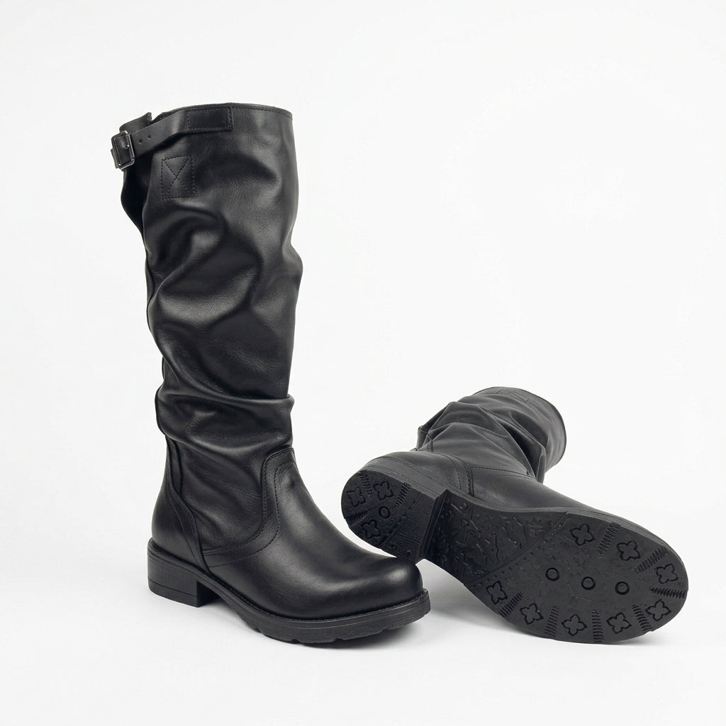 Stivale Biker Alto Donna sopra il Polpaccio in Vera Pelle Nera - Made in Italy