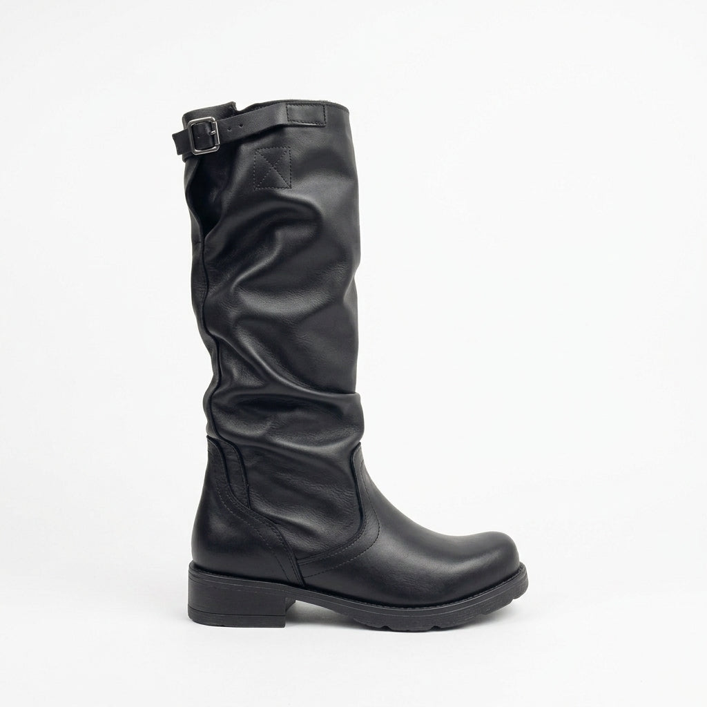 Stivale Biker Alto Donna sopra il Polpaccio in Vera Pelle Nera - Made in Italy