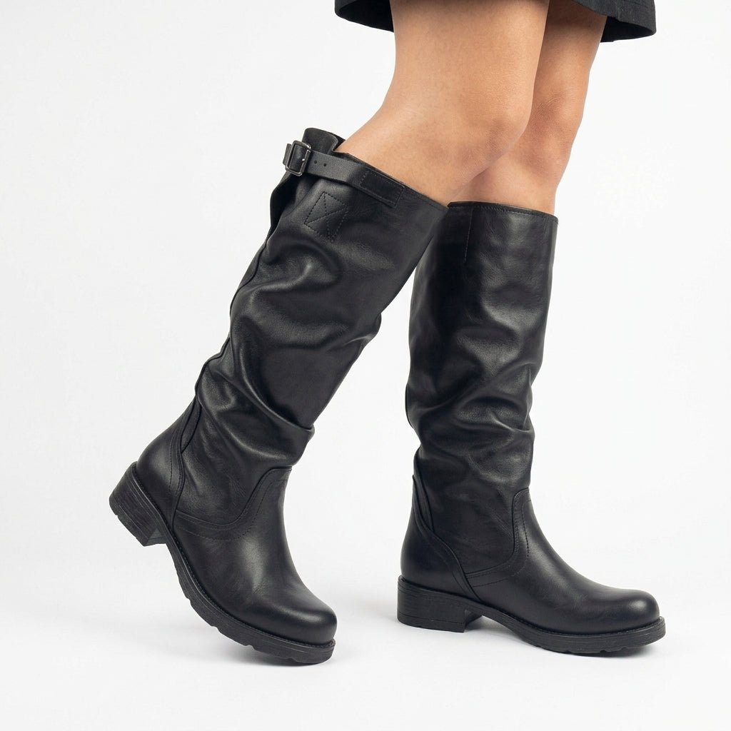 Stivale Biker Alto Donna sopra il Polpaccio in Vera Pelle Nera - Made in Italy