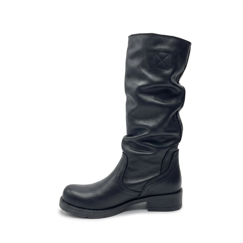 Stivale Biker Alto Donna sopra il Polpaccio in Vera Pelle Nera - Made in Italy