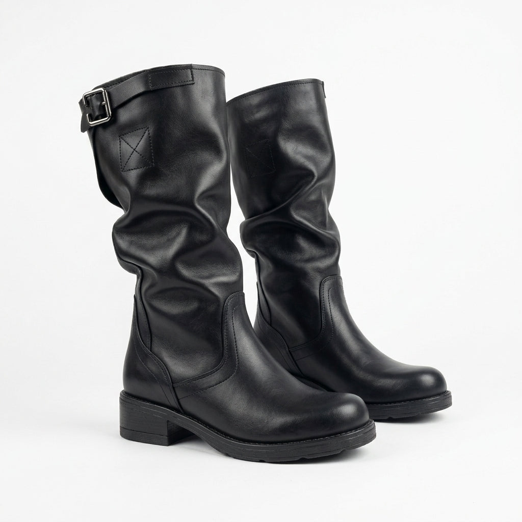 Vyjoù Stivale Biker Donna al Polpaccio Nero in Vera Pelle