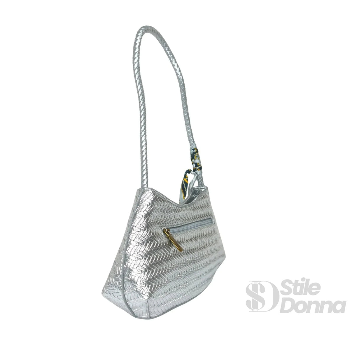 YY Coveri Borsa Intrecciata Argentata in Ecopelle con Sciarpa Decorativa