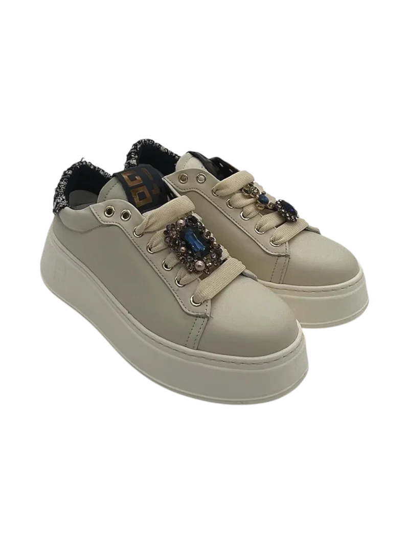 GIO+ Sneakers Donna PIA424 Pelle Panna con Gioielli blue e Dettagli Tweed