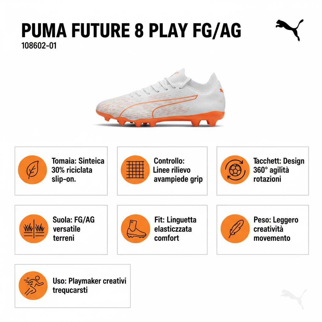 Puma FUTURE 8 PLAY FG/AG 108602-01 White Orange Unisex Football Boots