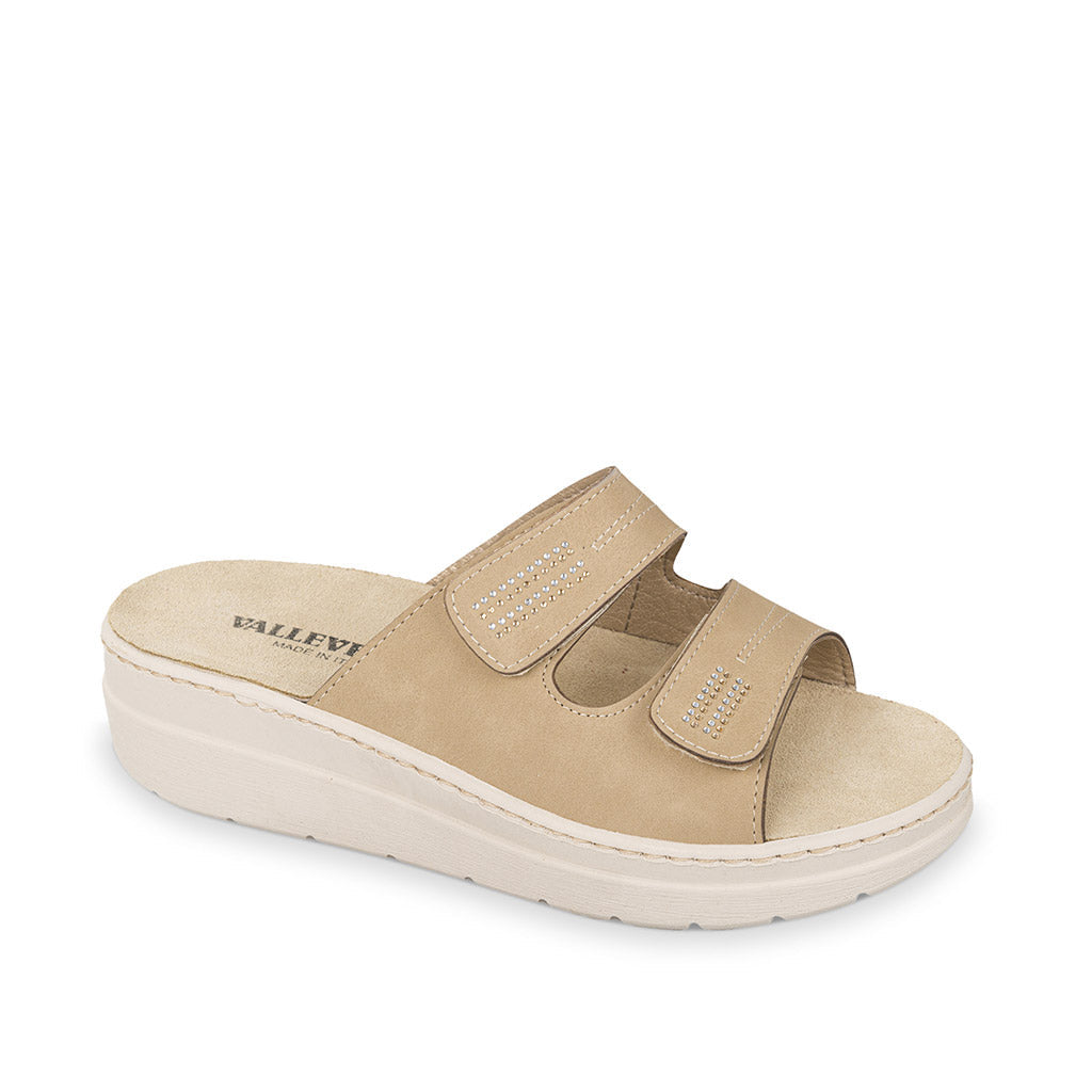 Valleverde Ciabatta Donna 55600 Beige Velcro Plantare Estraibile Made in Italy