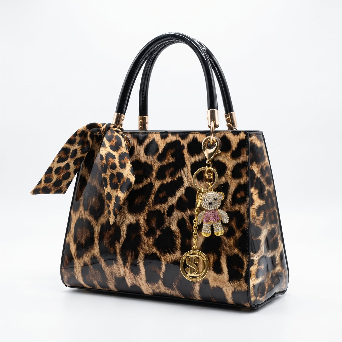 Milano Borsa a Mano Animalier con Foulard e Ciondolo Orsetto