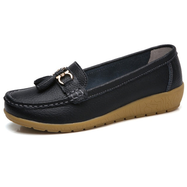 Mocassini Donna Estivi in Vera Pelle con Punta Tonda Slip-On