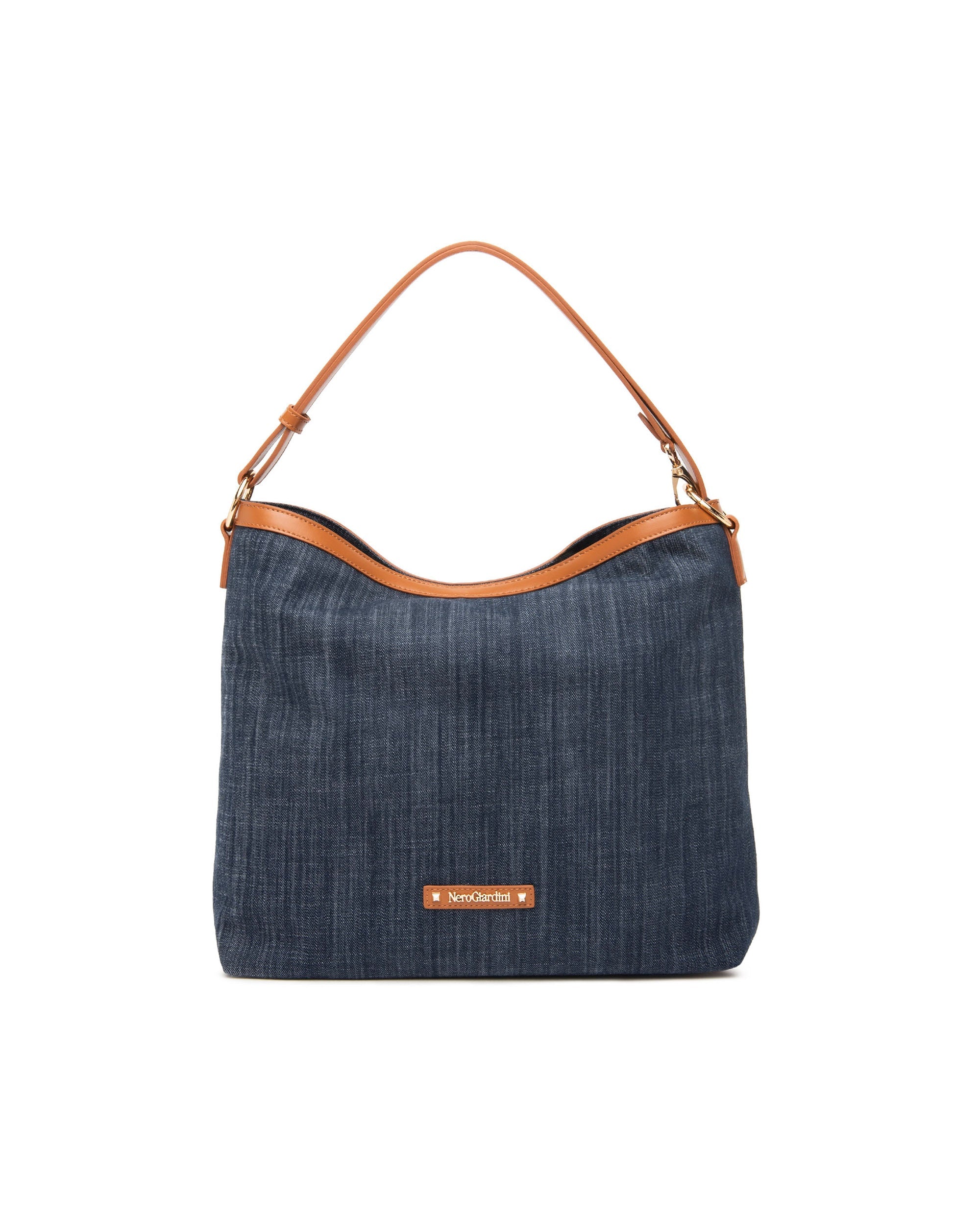 Shopper Nero Giardini Jeans e profili Cuoio