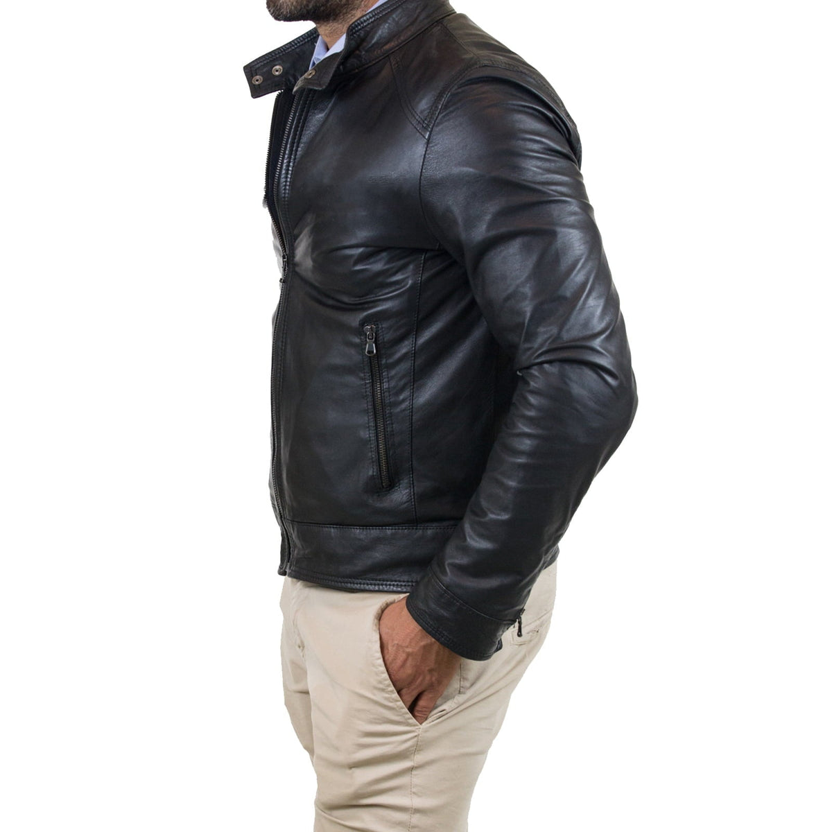 Giacca Biker In Vera Pelle Uomo Nero Slim Collo Con Bottoni Rindway