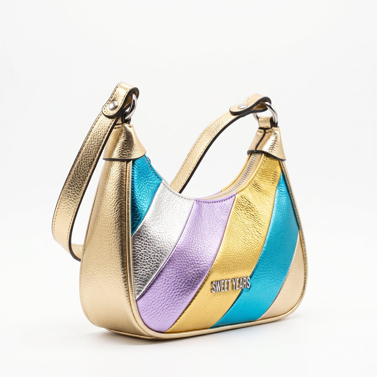 Sweet Years Borsa a Tracolla Righe Rainbow Metallic in Ecopelle