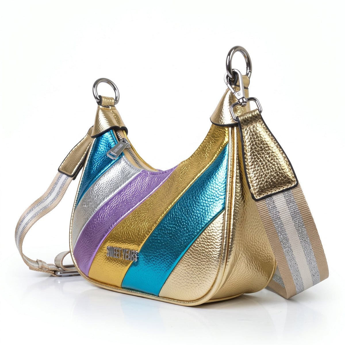 Sweet Years Borsa a Tracolla Righe Rainbow Metallic in Ecopelle